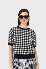 Black and ivory gingham check knit top
