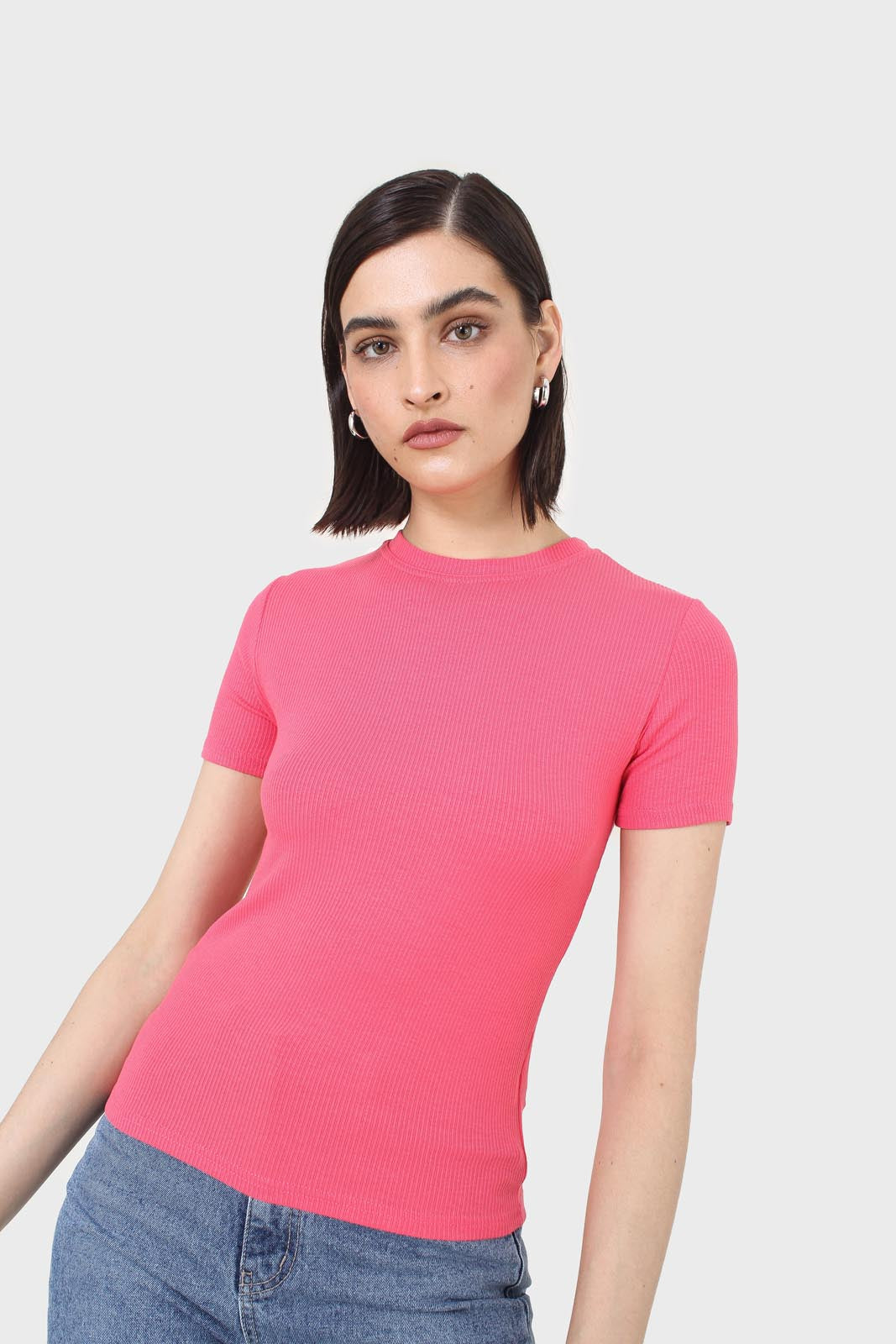 Coral cotton blend crew neck tee