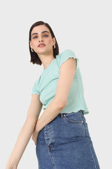 Green and ivory lettuce hem top