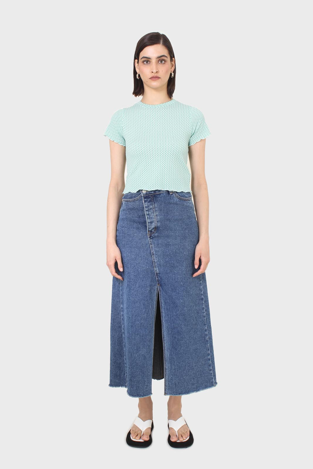 Green and ivory lettuce hem top