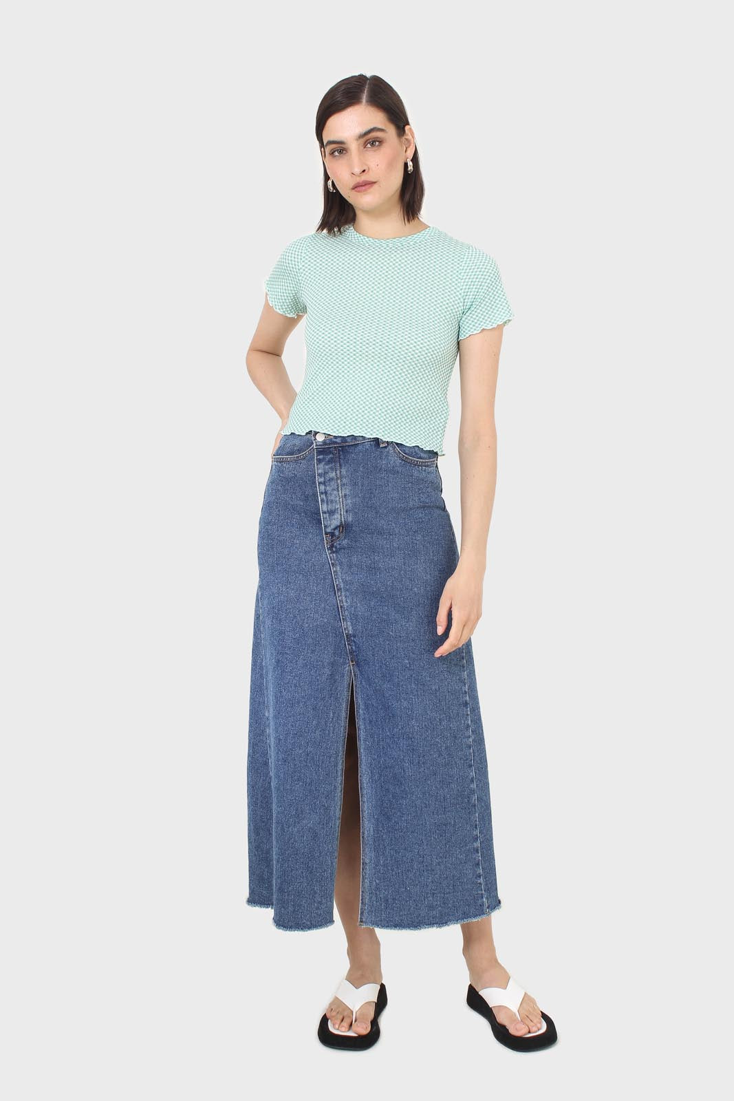 Green and ivory lettuce hem top