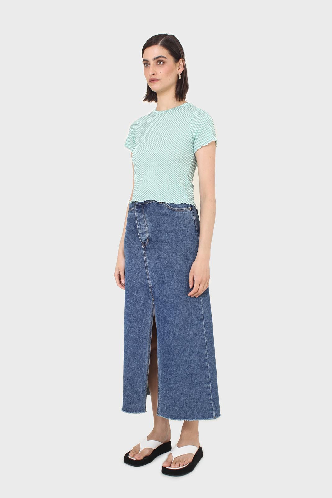 Green and ivory lettuce hem top