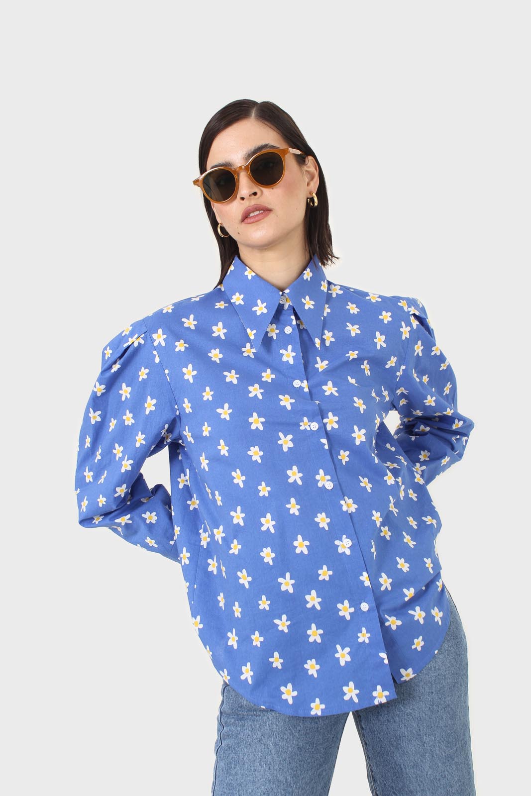 Cobalt blue daisy print shirt