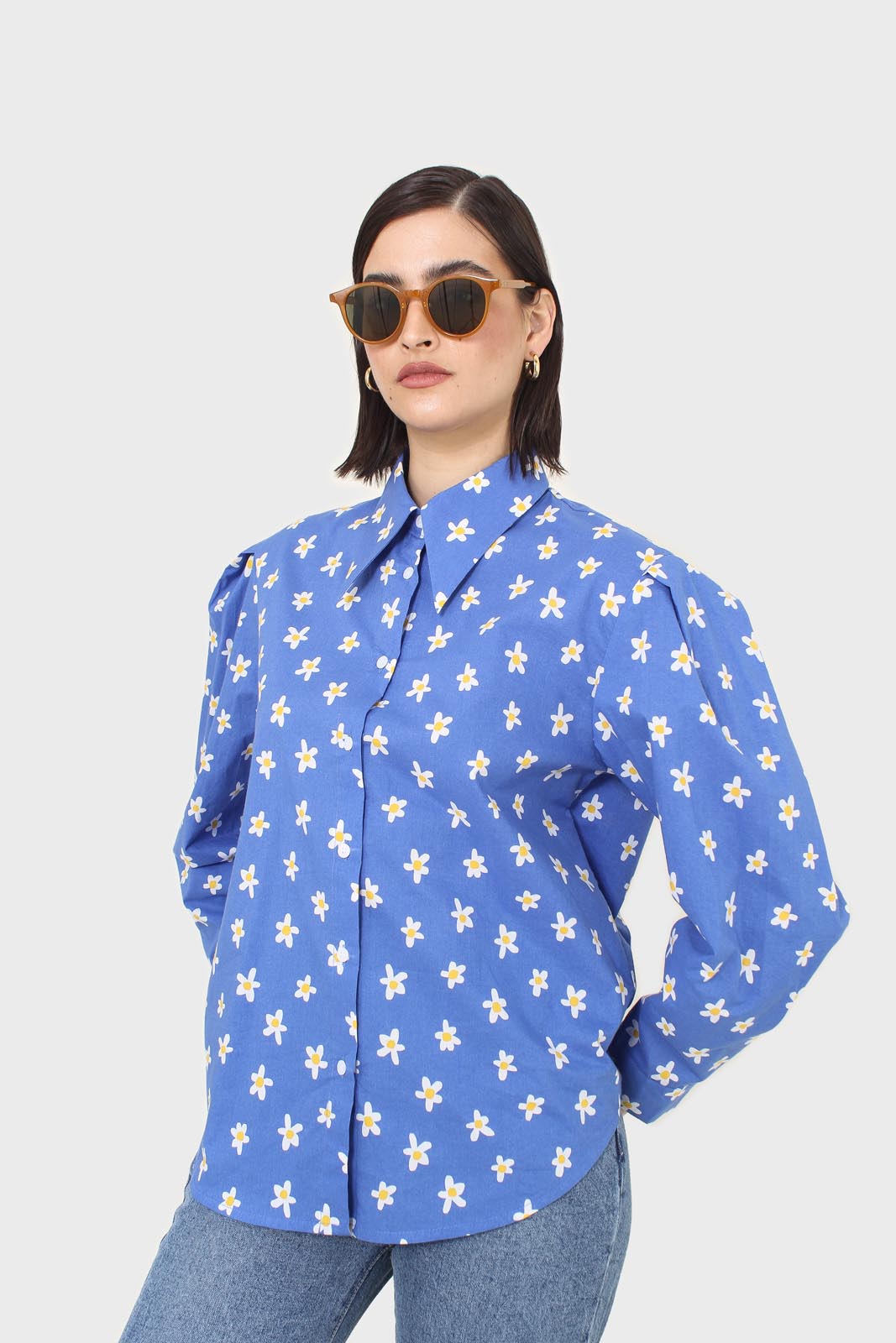 Cobalt blue daisy print shirt