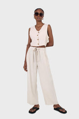 Oatmeal elasticated waist tie front linen trousers