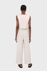Oatmeal elasticated waist tie front linen trousers