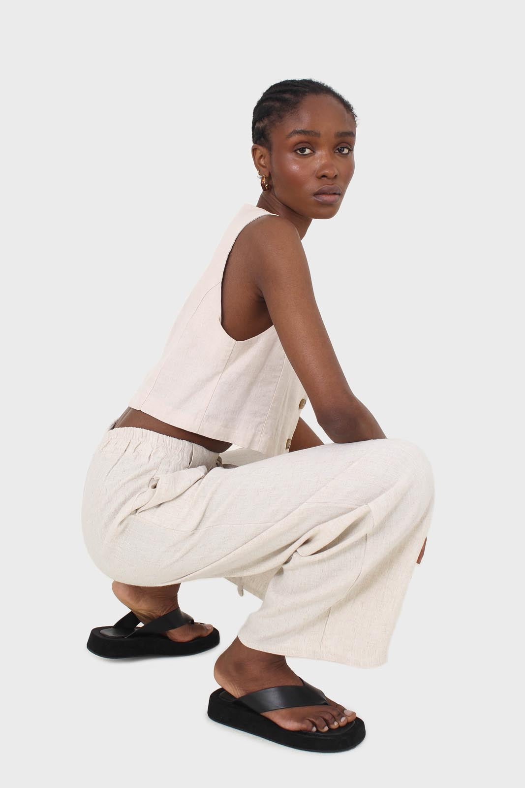 Oatmeal elasticated waist tie front linen trousers