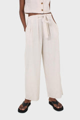 Oatmeal elasticated waist tie front linen trousers