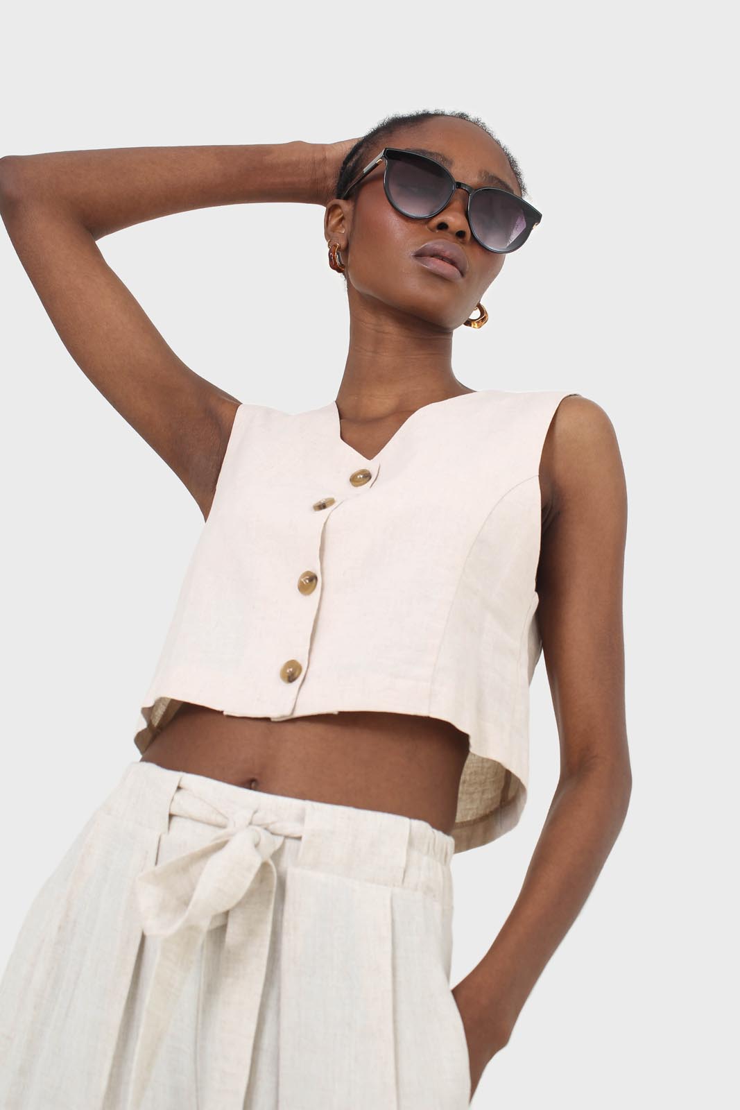 Oatmeal elasticated waist tie front linen trousers