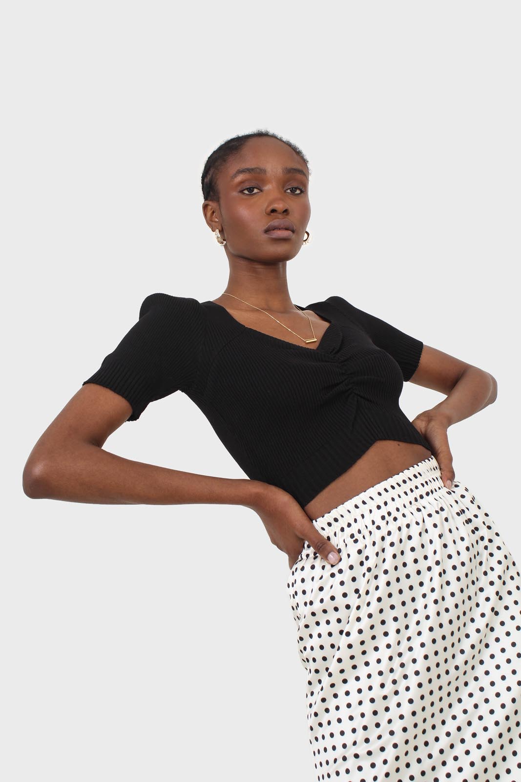 Ivory and black polka dot elasticated waistband maxi skirt