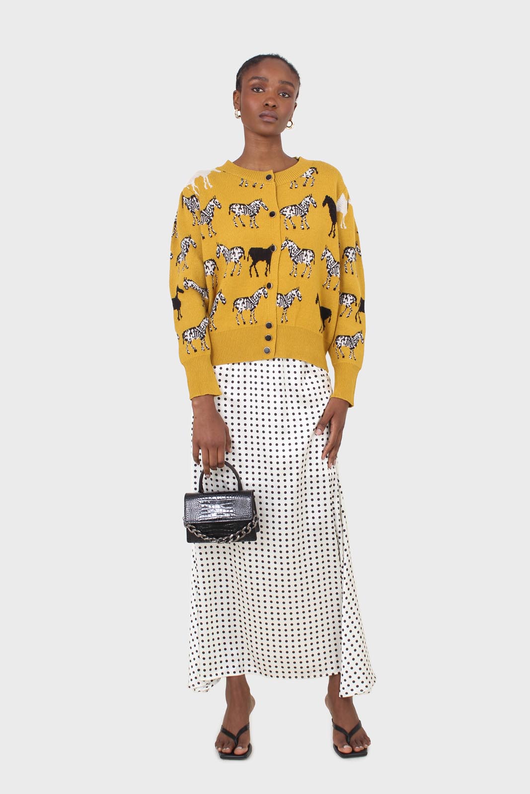 Mustard zebra metal button puff sleeved cardigan