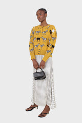 Mustard zebra metal button puff sleeved cardigan