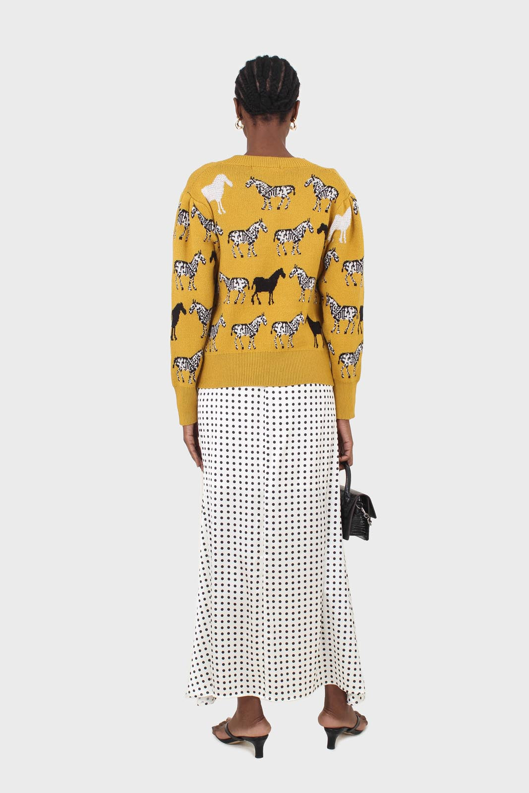 Mustard zebra metal button puff sleeved cardigan