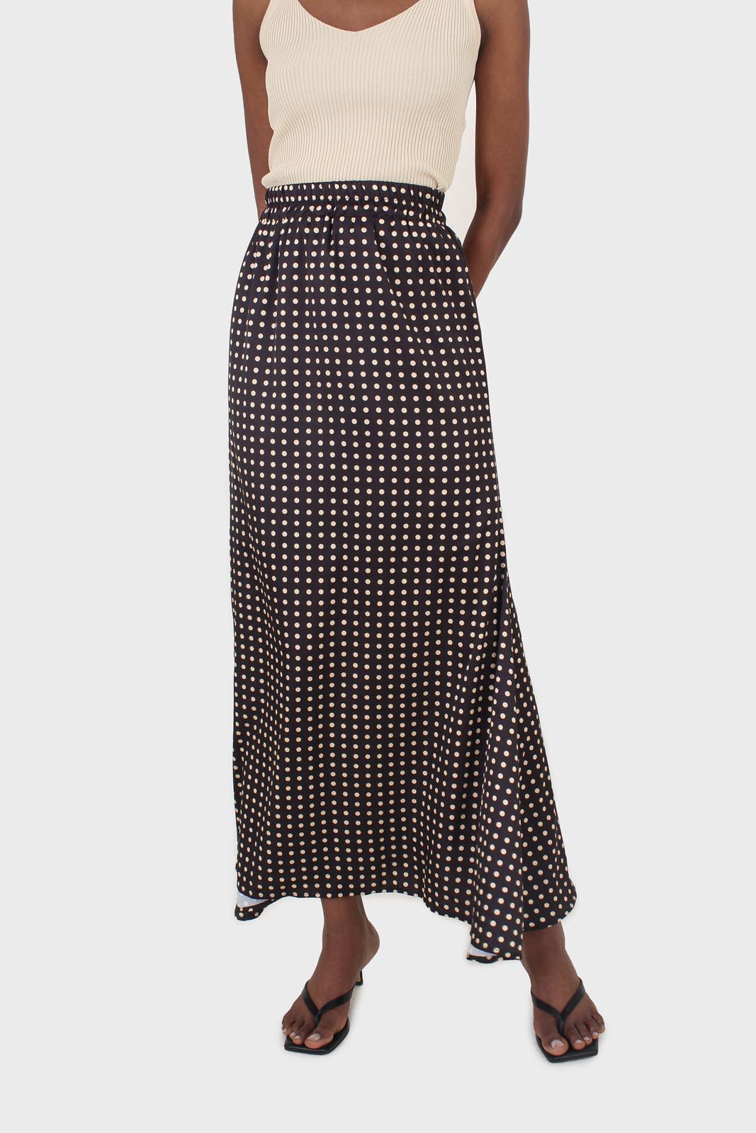 Black and beige polka dot elasticated waistband maxi skirt