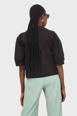 Black large collar pleated 3/4 sleeve pearl button blouse