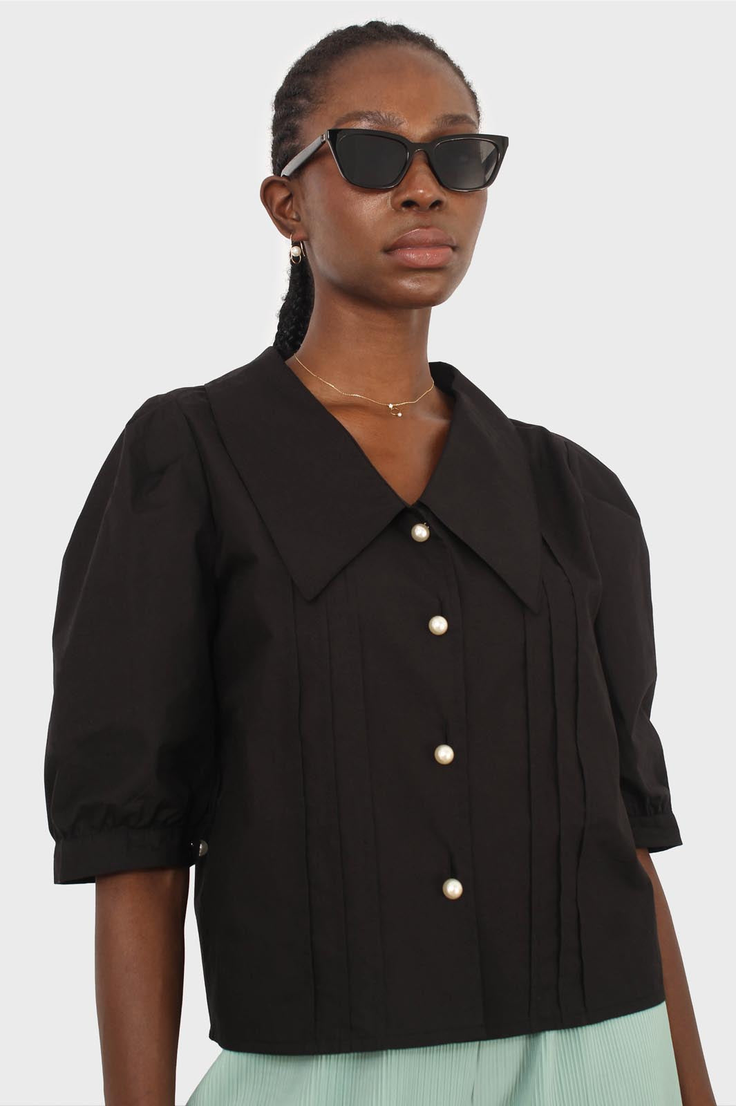 Black large collar pleated 3/4 sleeve pearl button blouse