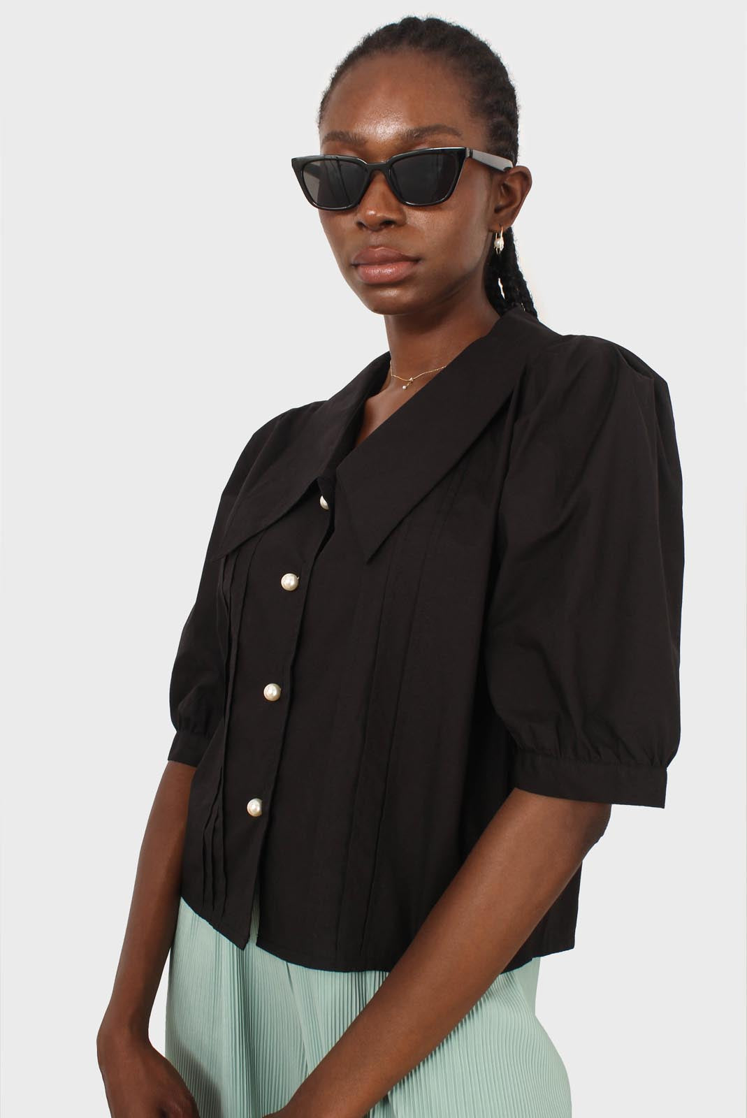 Black large collar pleated 3/4 sleeve pearl button blouse