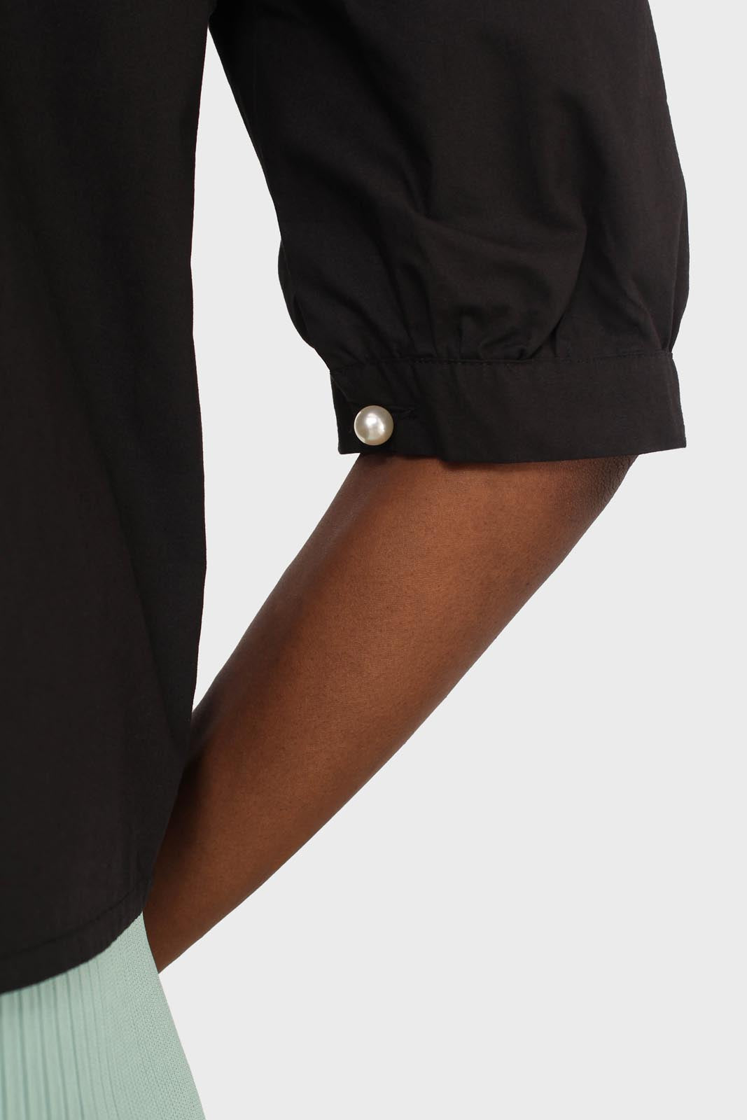 Black large collar pleated 3/4 sleeve pearl button blouse