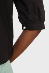 Black large collar pleated 3/4 sleeve pearl button blouse