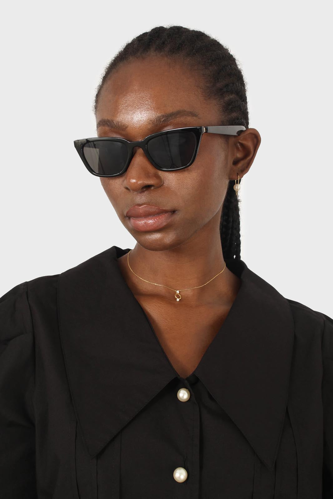 Black large collar pleated 3/4 sleeve pearl button blouse