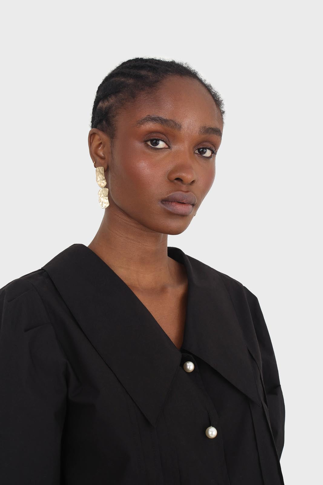 Black large collar pleated 3/4 sleeve pearl button blouse