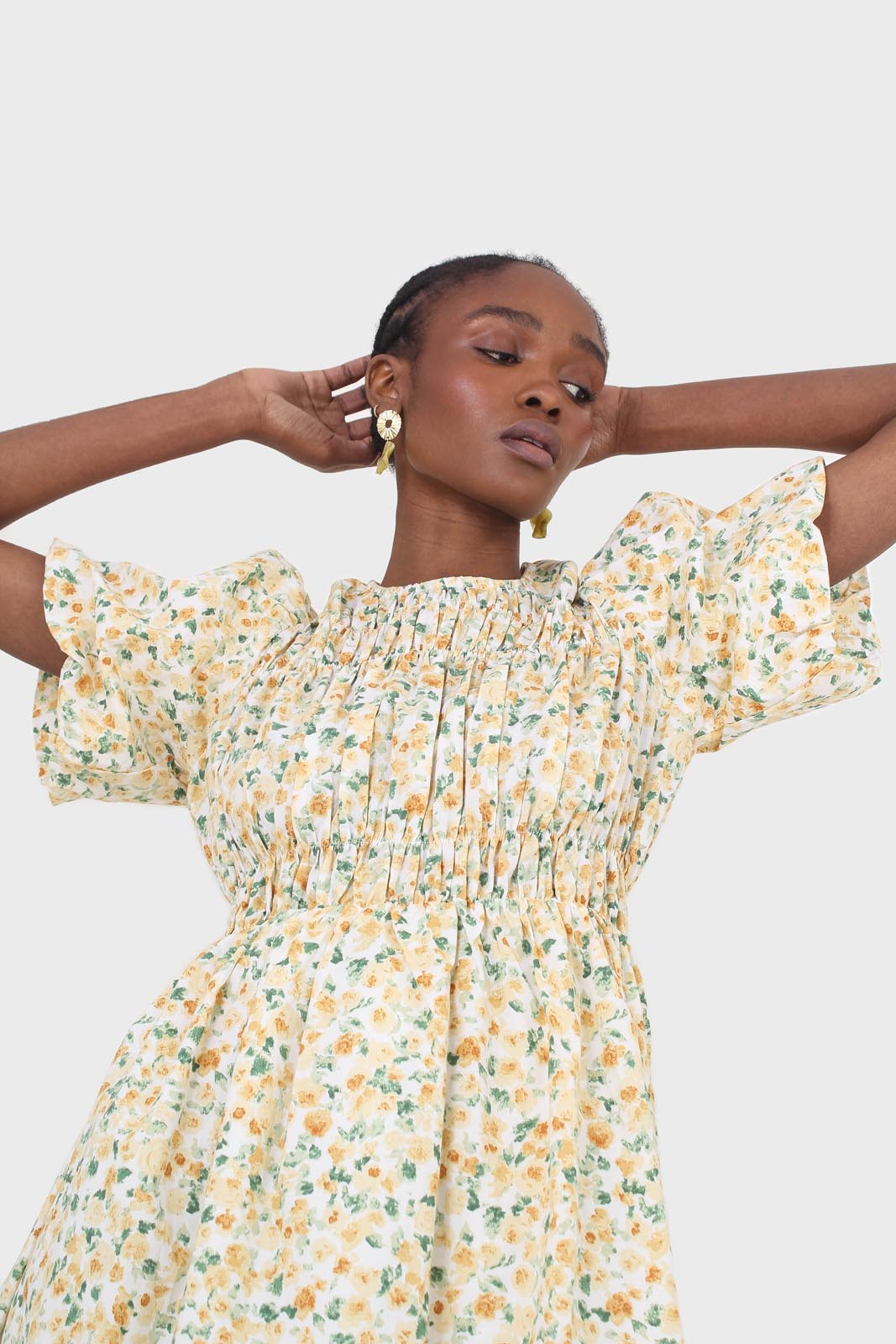 Ivory and orange tiny floral print ruched midi dress