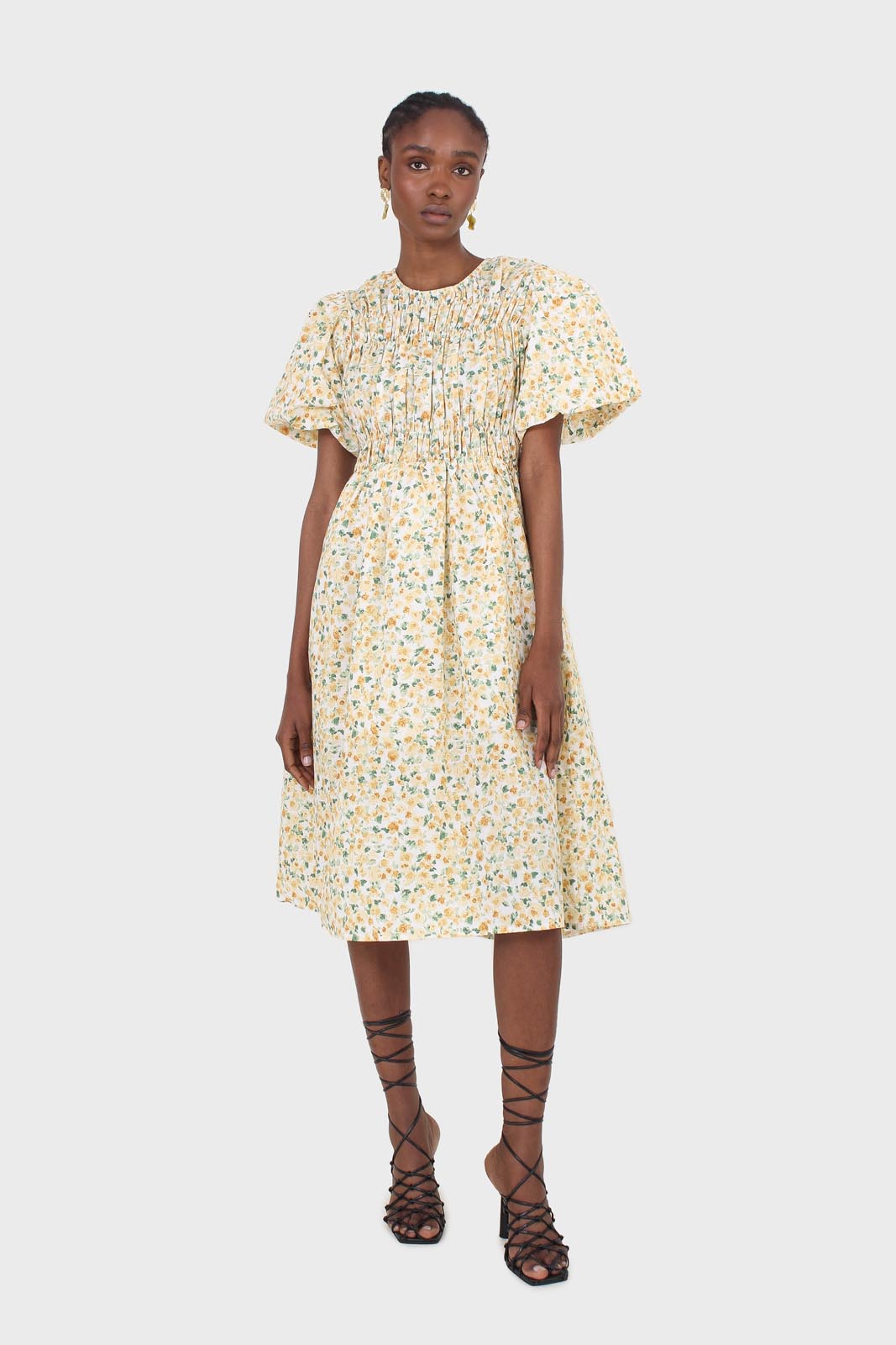 Ivory and orange tiny floral print ruched midi dress