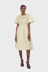 Ivory and orange tiny floral print ruched midi dress