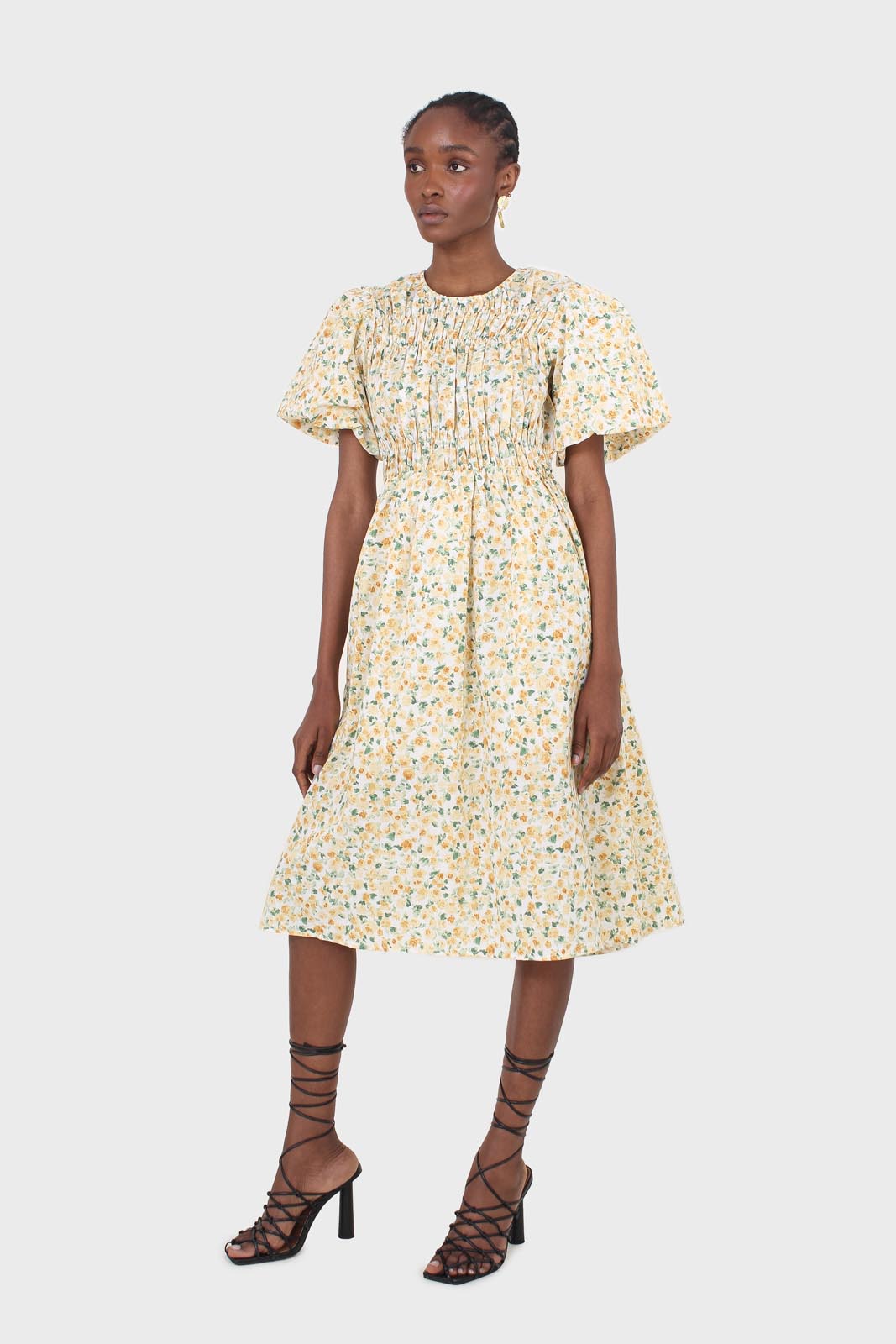Ivory and orange tiny floral print ruched midi dress
