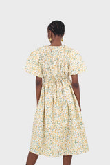 Ivory and orange tiny floral print ruched midi dress