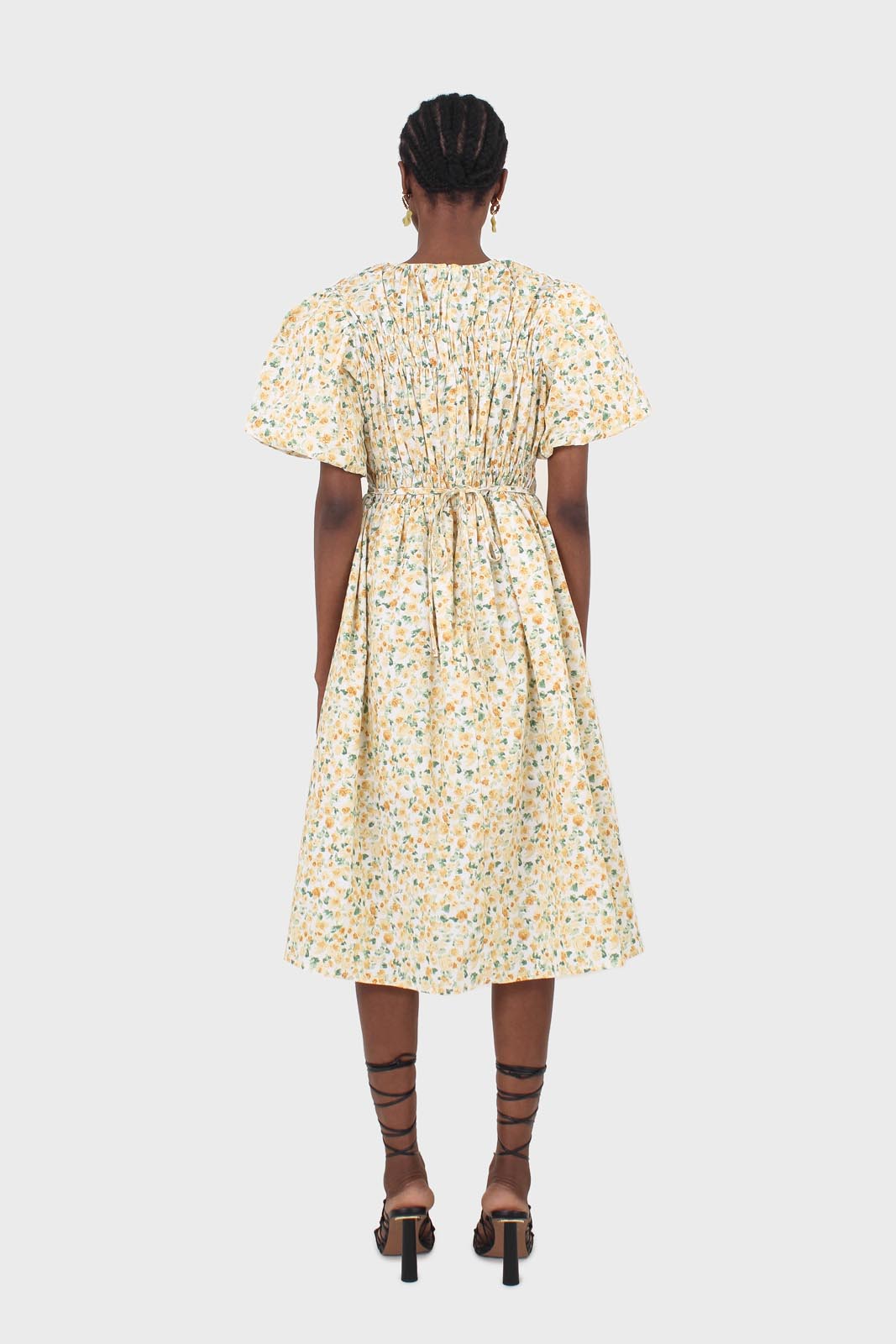 Ivory and orange tiny floral print ruched midi dress
