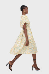 Ivory and orange tiny floral print ruched midi dress