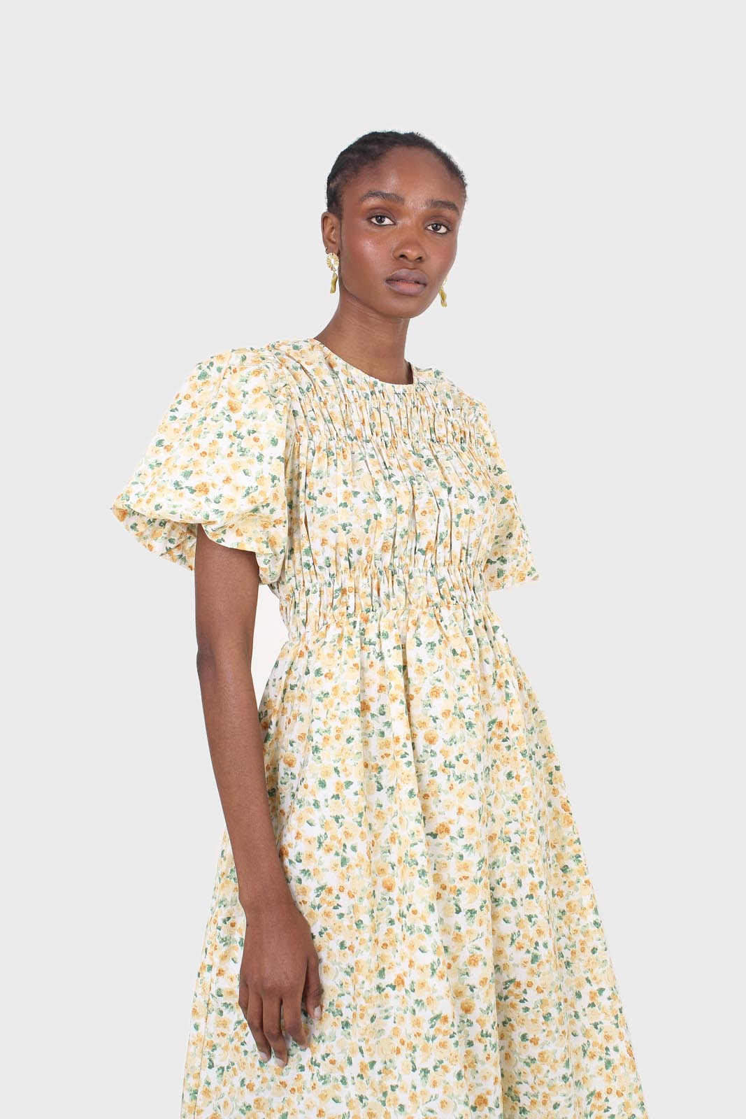 Ivory and orange tiny floral print ruched midi dress