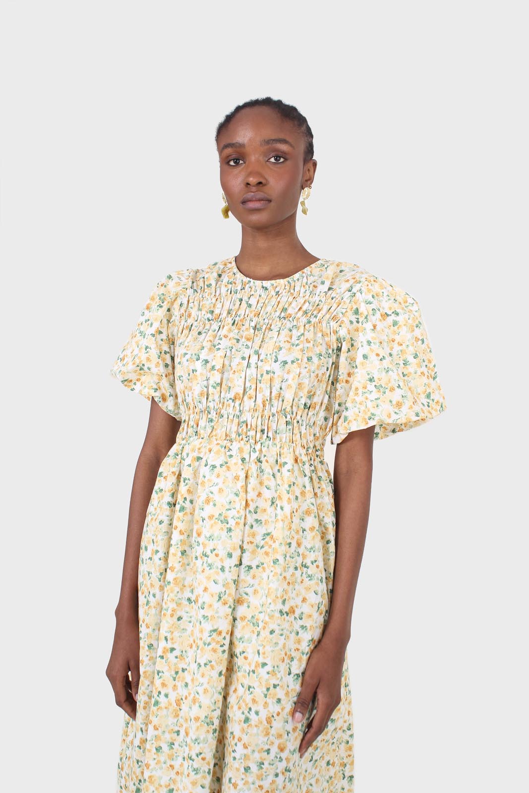 Ivory and orange tiny floral print ruched midi dress