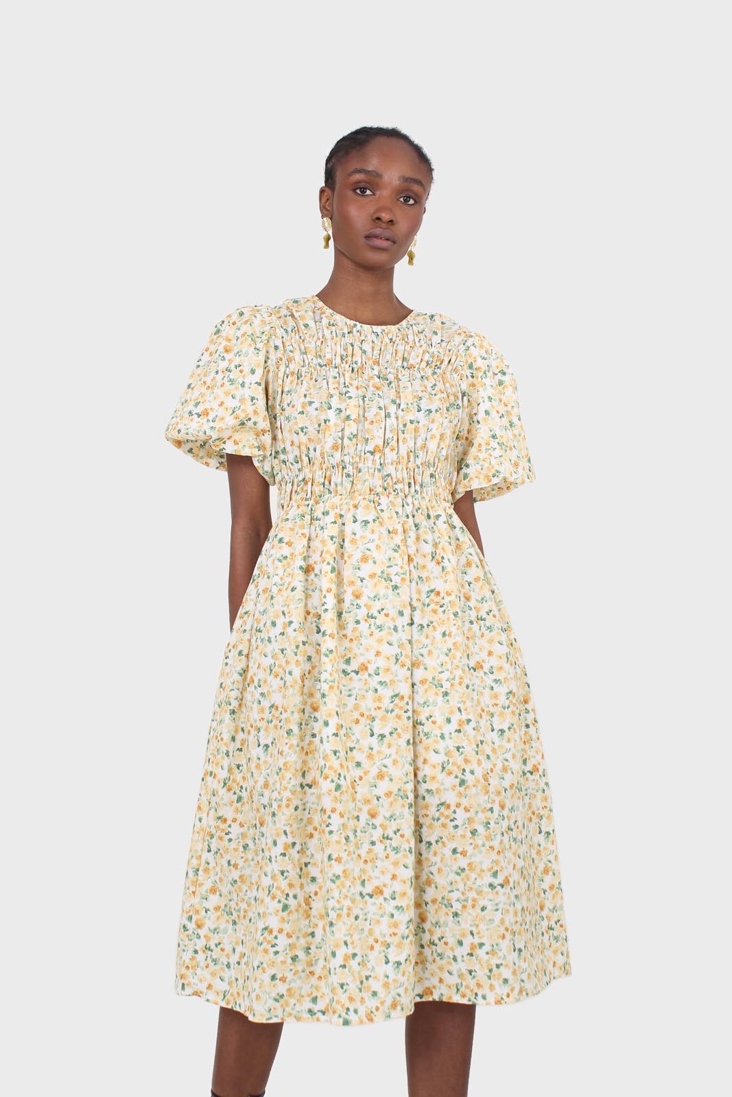Ivory and orange tiny floral print ruched midi dress
