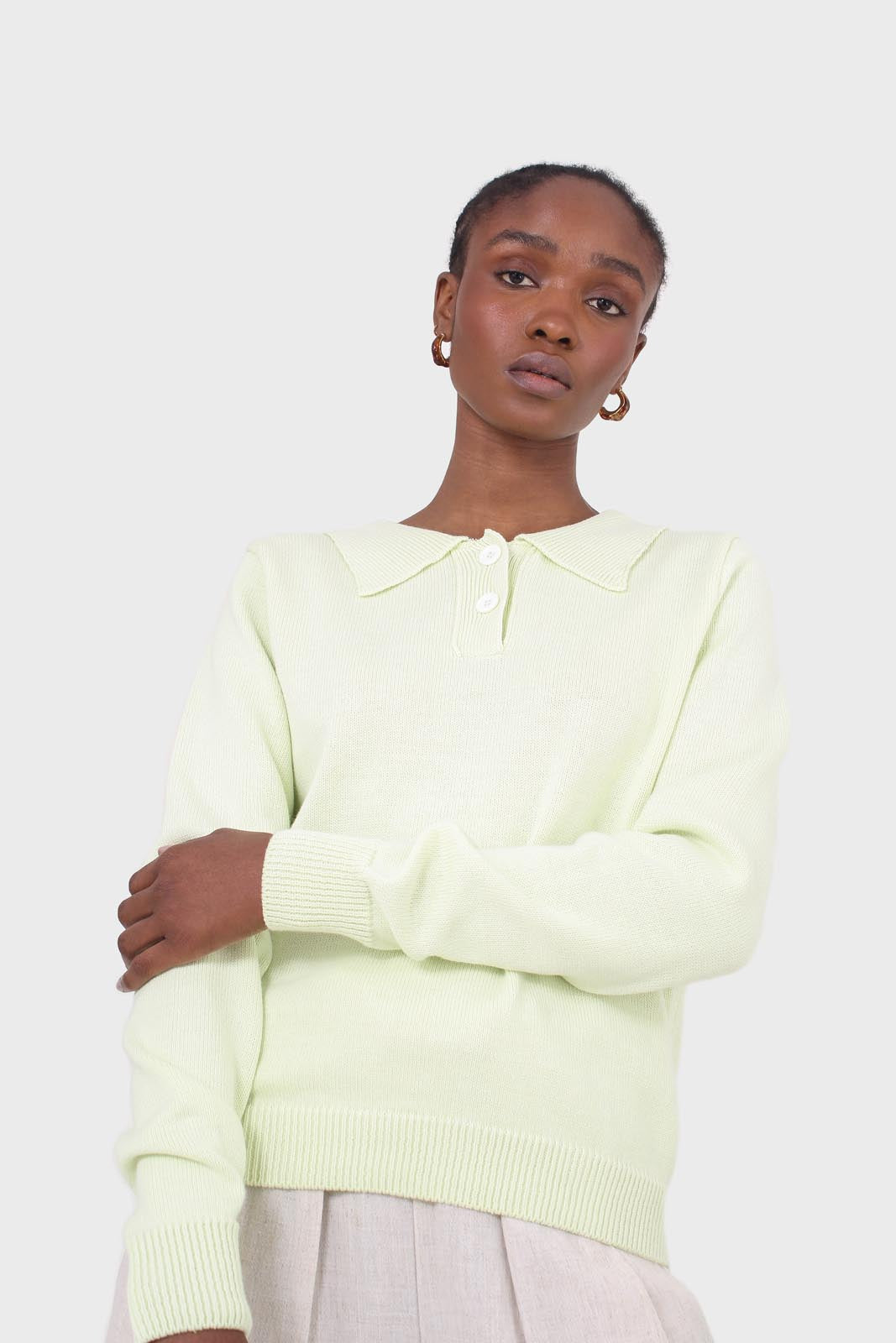 Lime green knit polo long sleeved top
