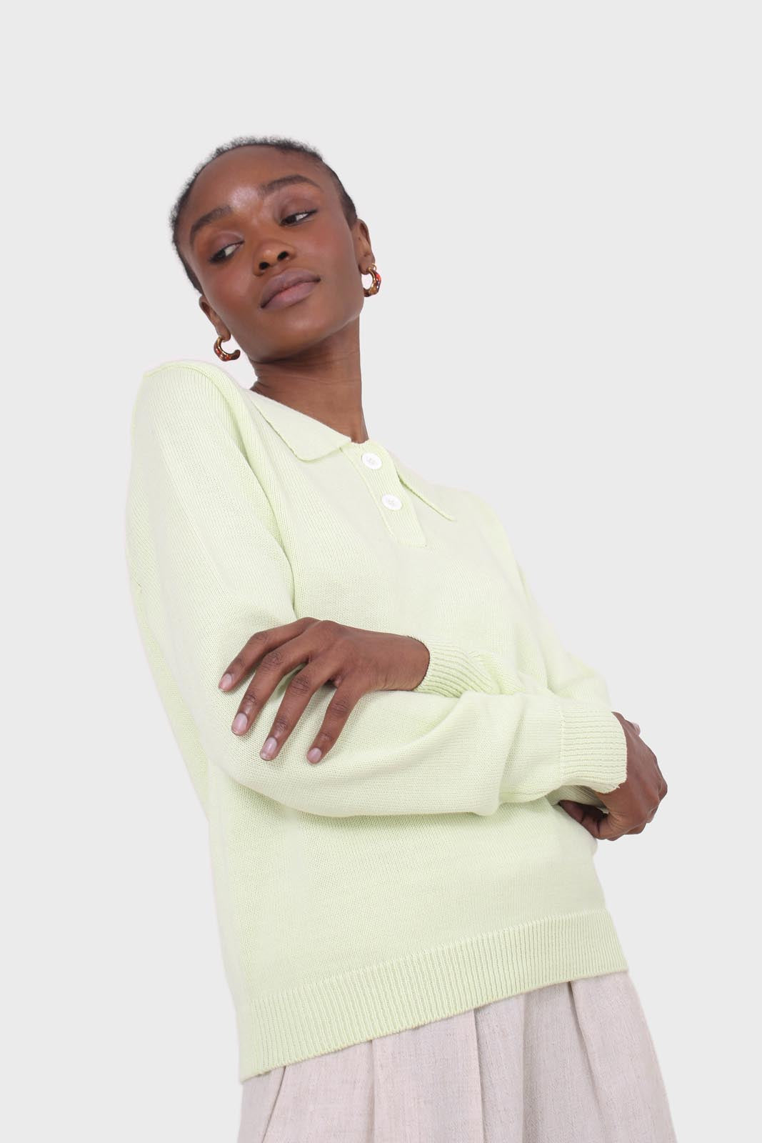 Lime green knit polo long sleeved top