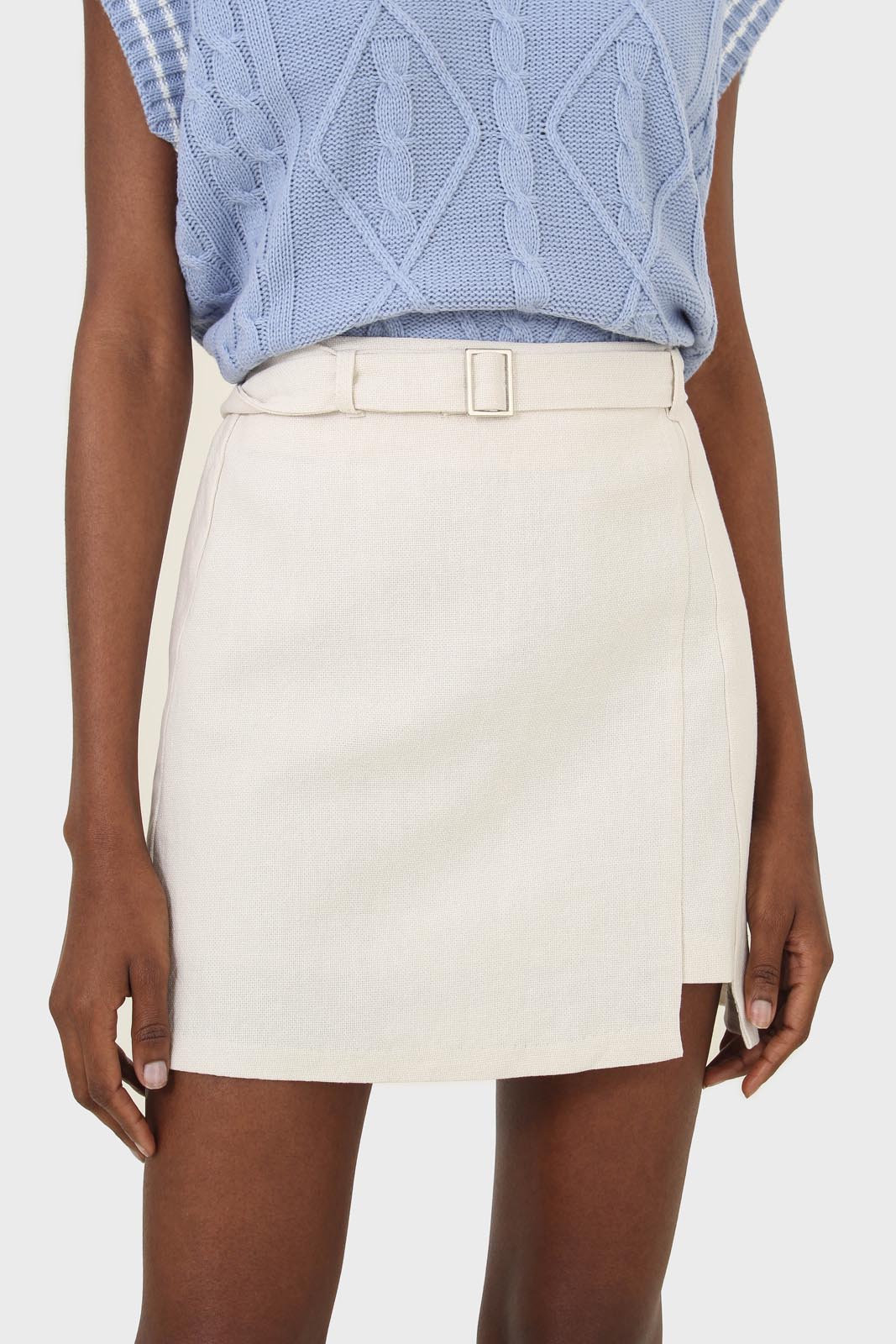Ivory belted mini skirt