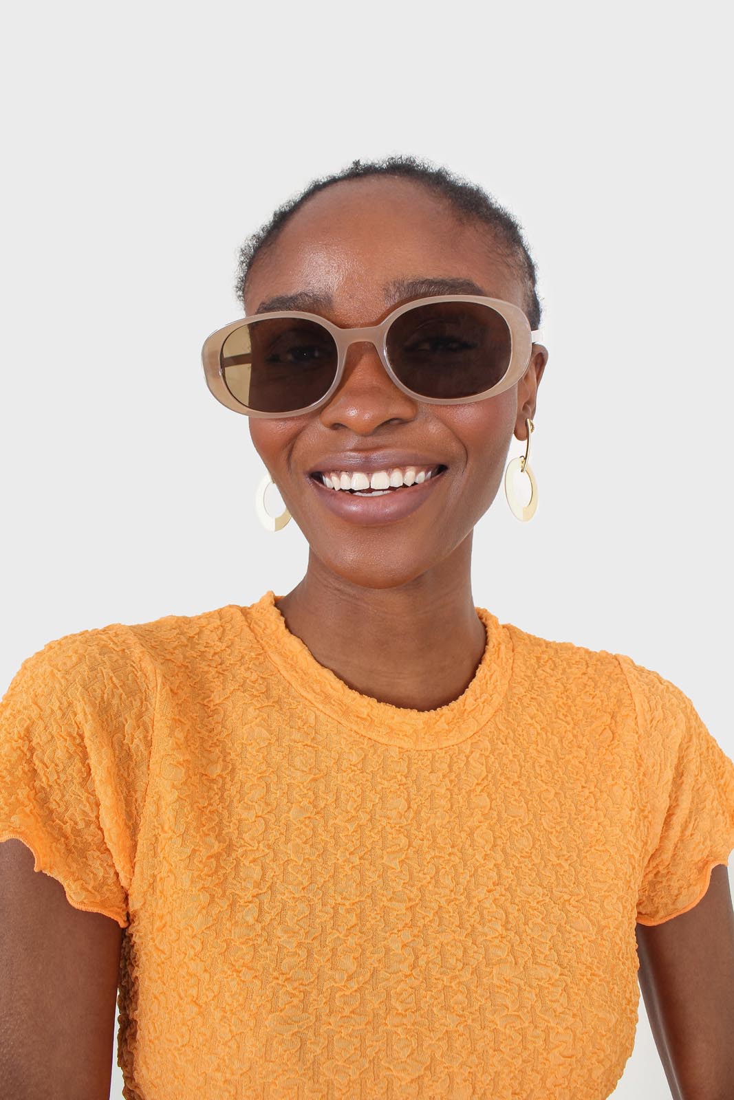 Orange shirring crew neck tee