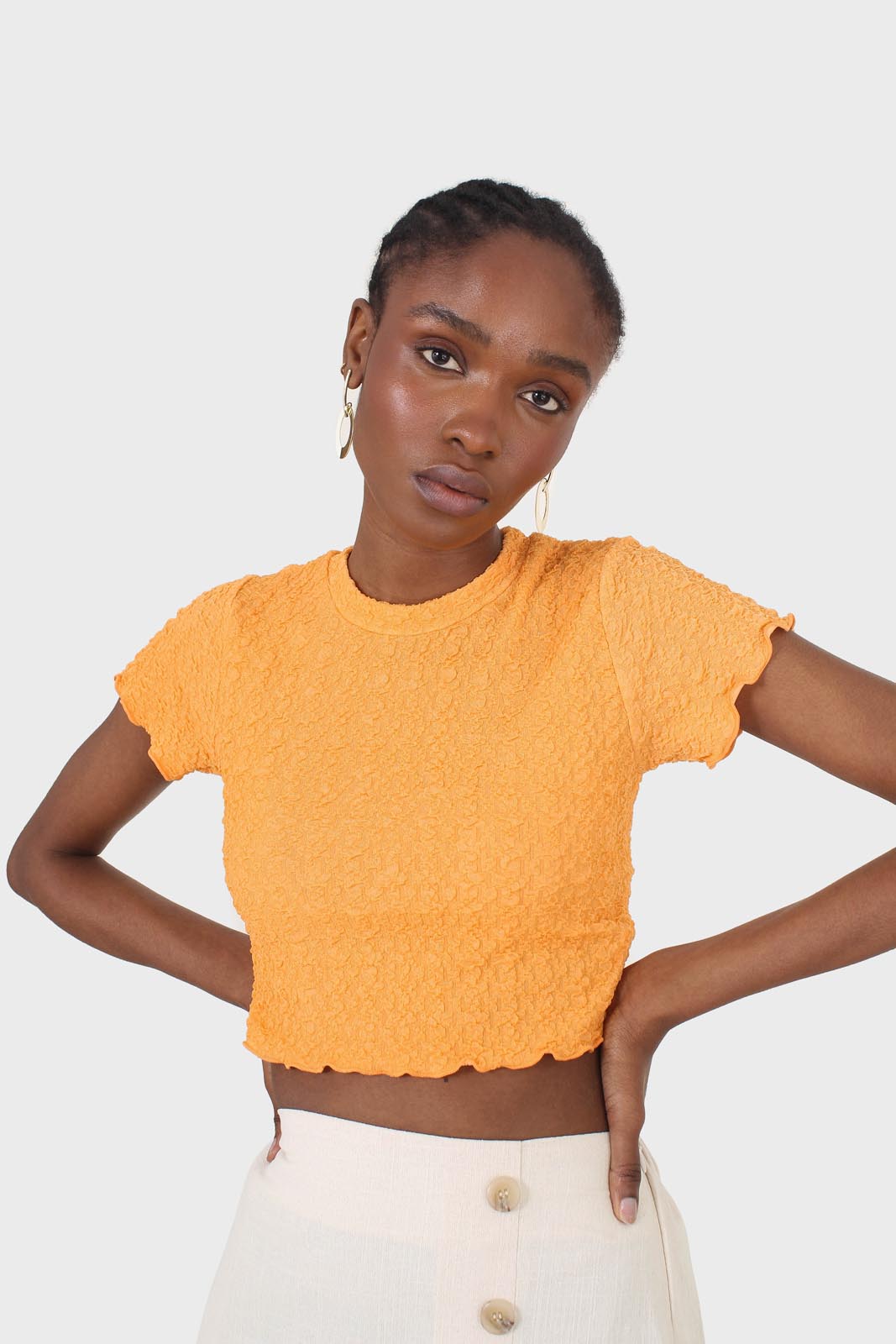Orange shirring crew neck tee