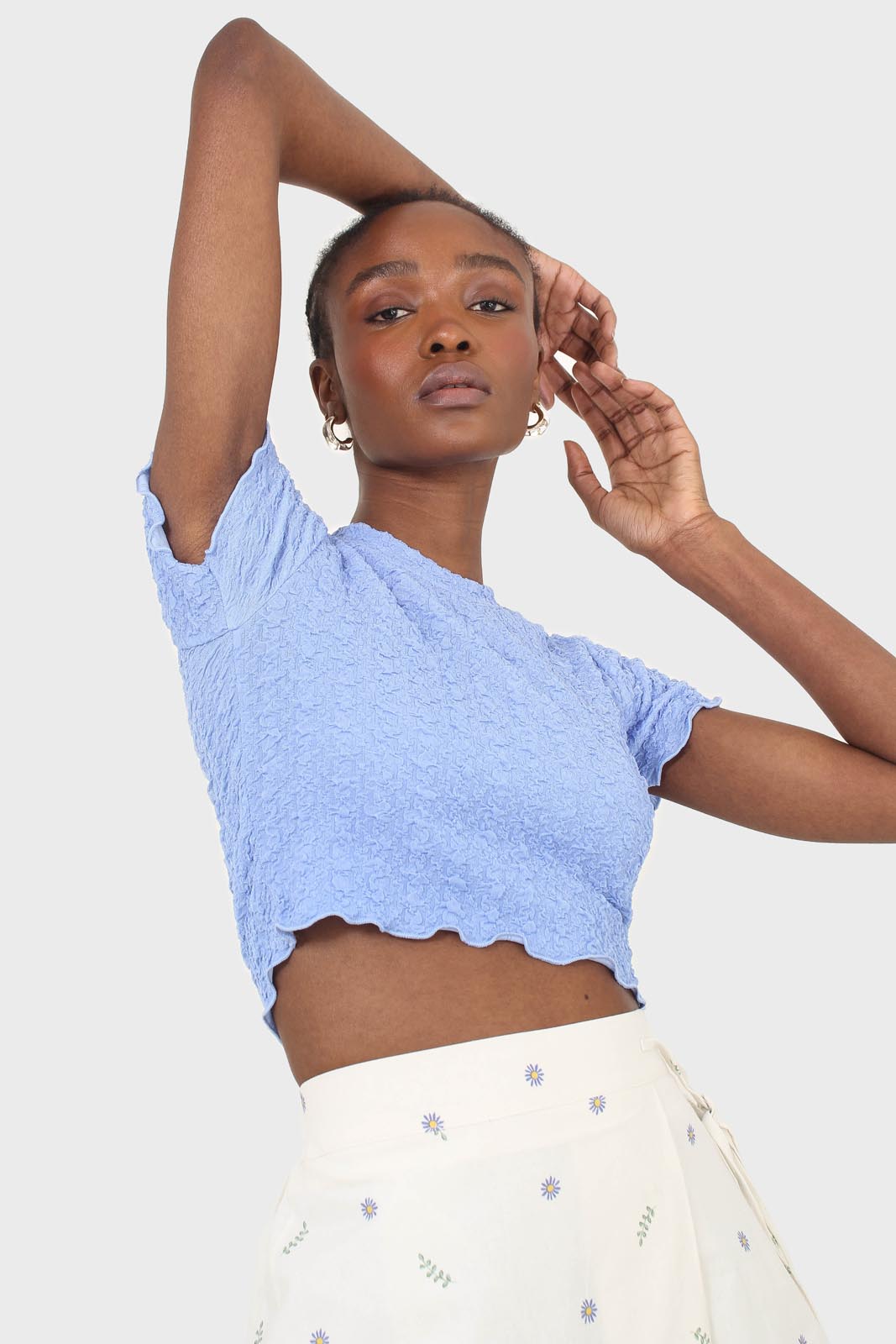 Blue shirring crew neck tee