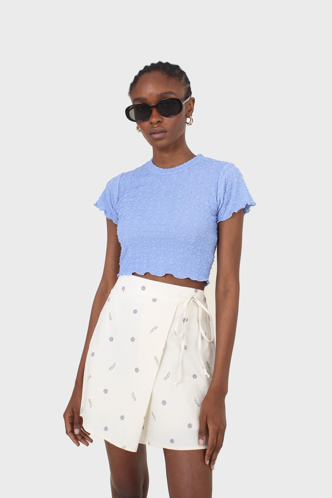 Blue shirring crew neck tee