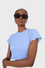 Blue shirring crew neck tee