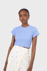 Blue shirring crew neck tee