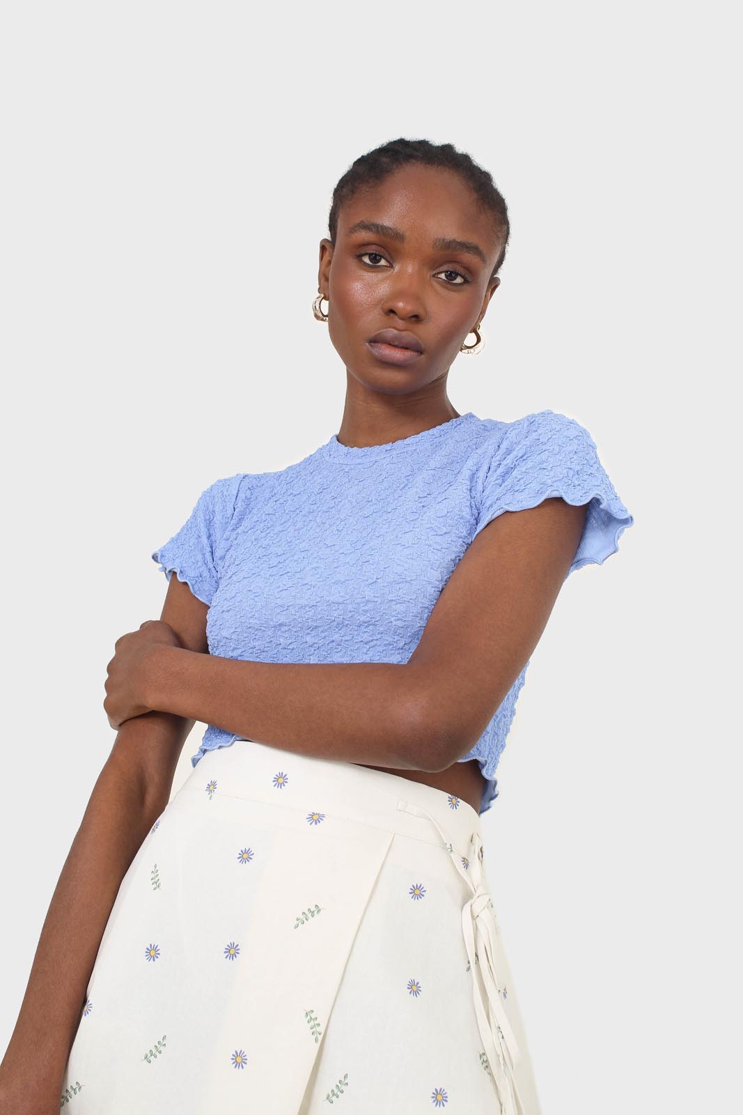 Blue shirring crew neck tee