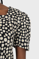 Black daisies square neckline puff sleeve cropped top