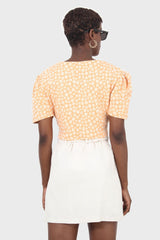 Orange daisies square neckline puff sleeve cropped top