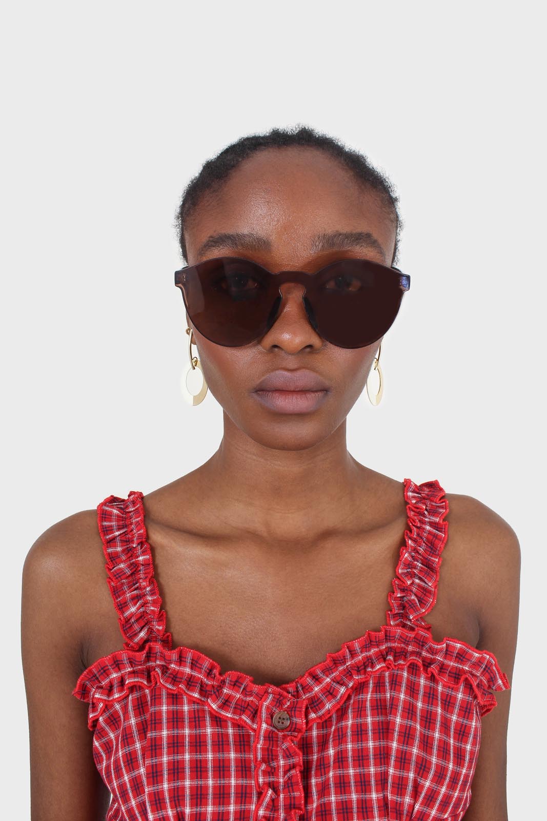 Red checked frill neckline button front midi dress