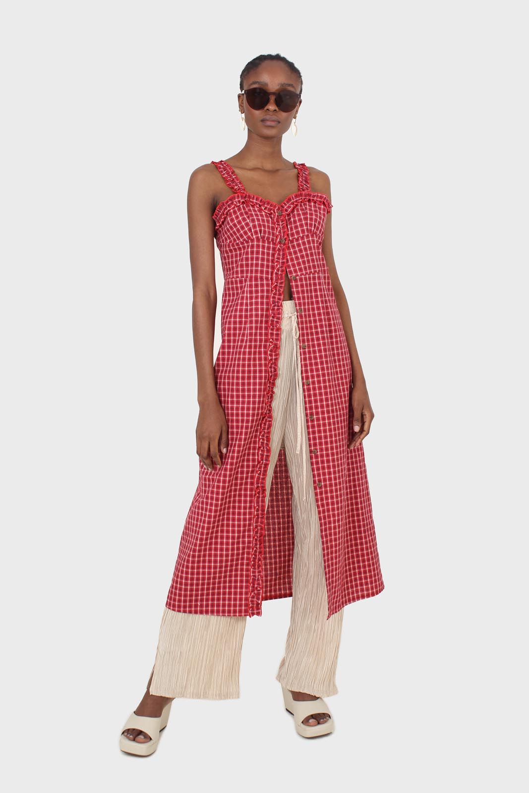 Red checked frill neckline button front midi dress