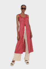 Red checked frill neckline button front midi dress